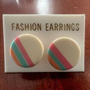 Vintage 1980s Round Fashion Earrings Cream Striped -LOT OF 5-